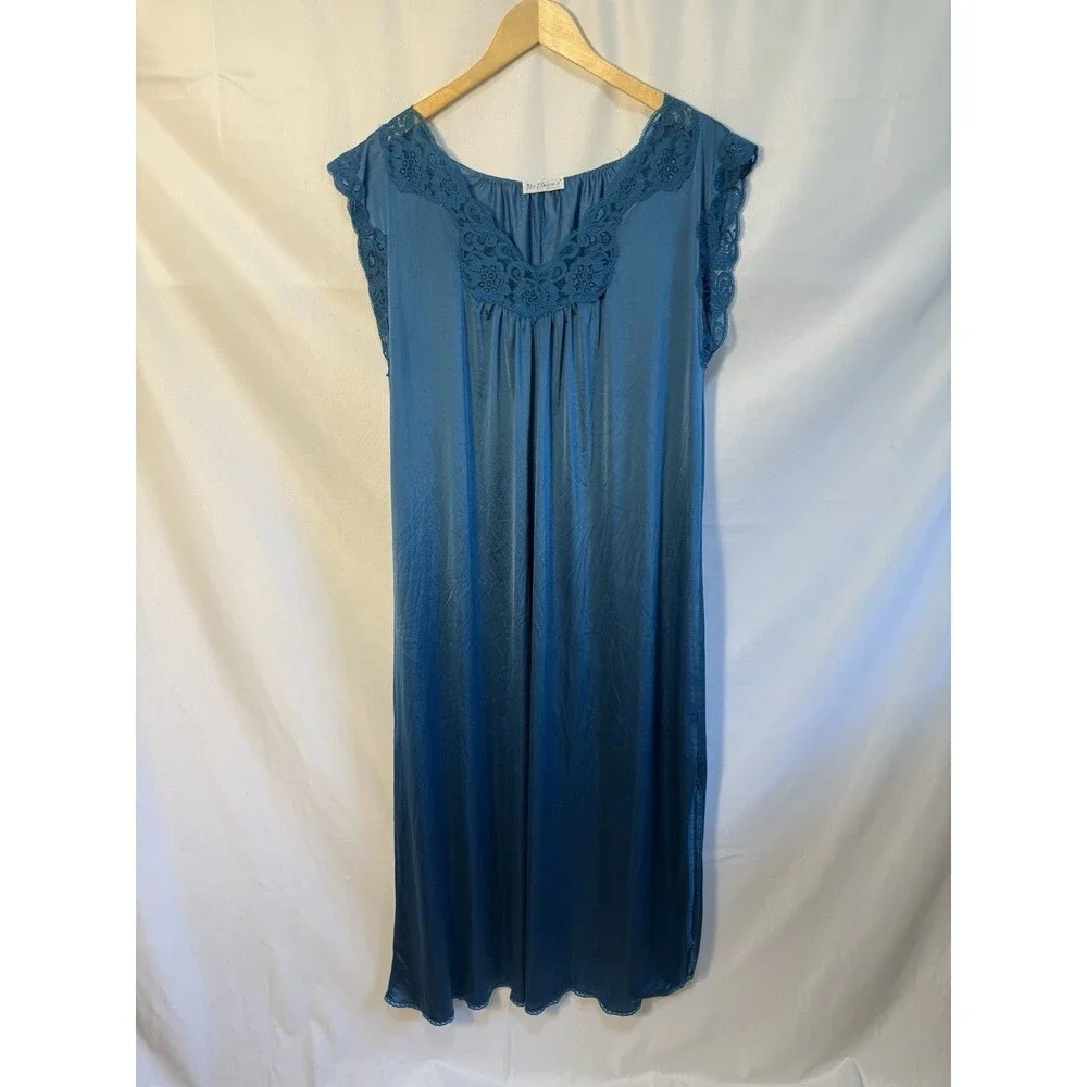 Vintage Miss Elaine Nightgown Dress Babydoll Turquoise blue Nylon Large Made USA